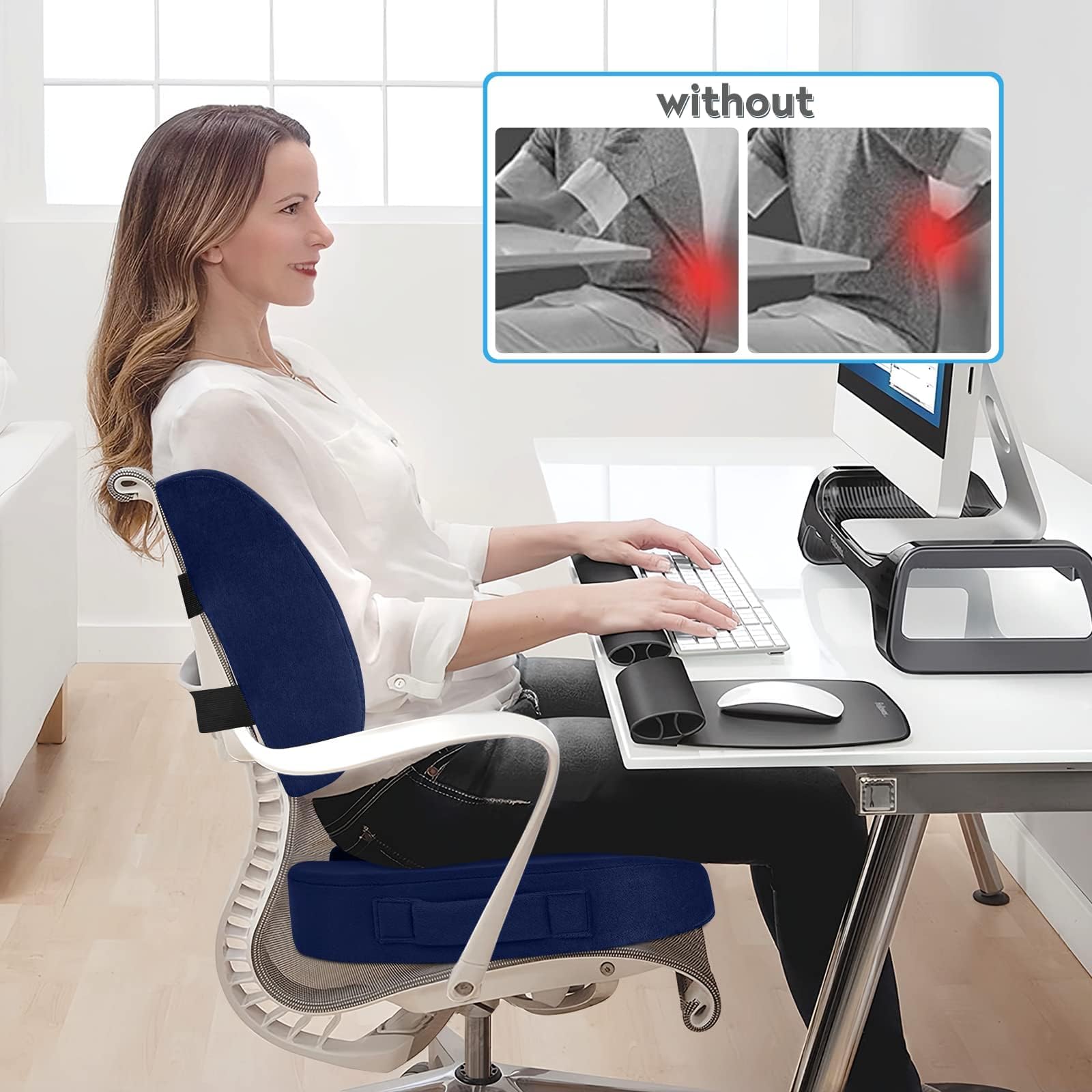 Lumbar Support Pillow & Seat Cushion Set for Office Chair, Desk Chair, Wheelchair & Car–Memory Foam Back Support,Ergonomic Chair Cushions, Sciatica Pain Relief,Home Essentials(Blue,XL)