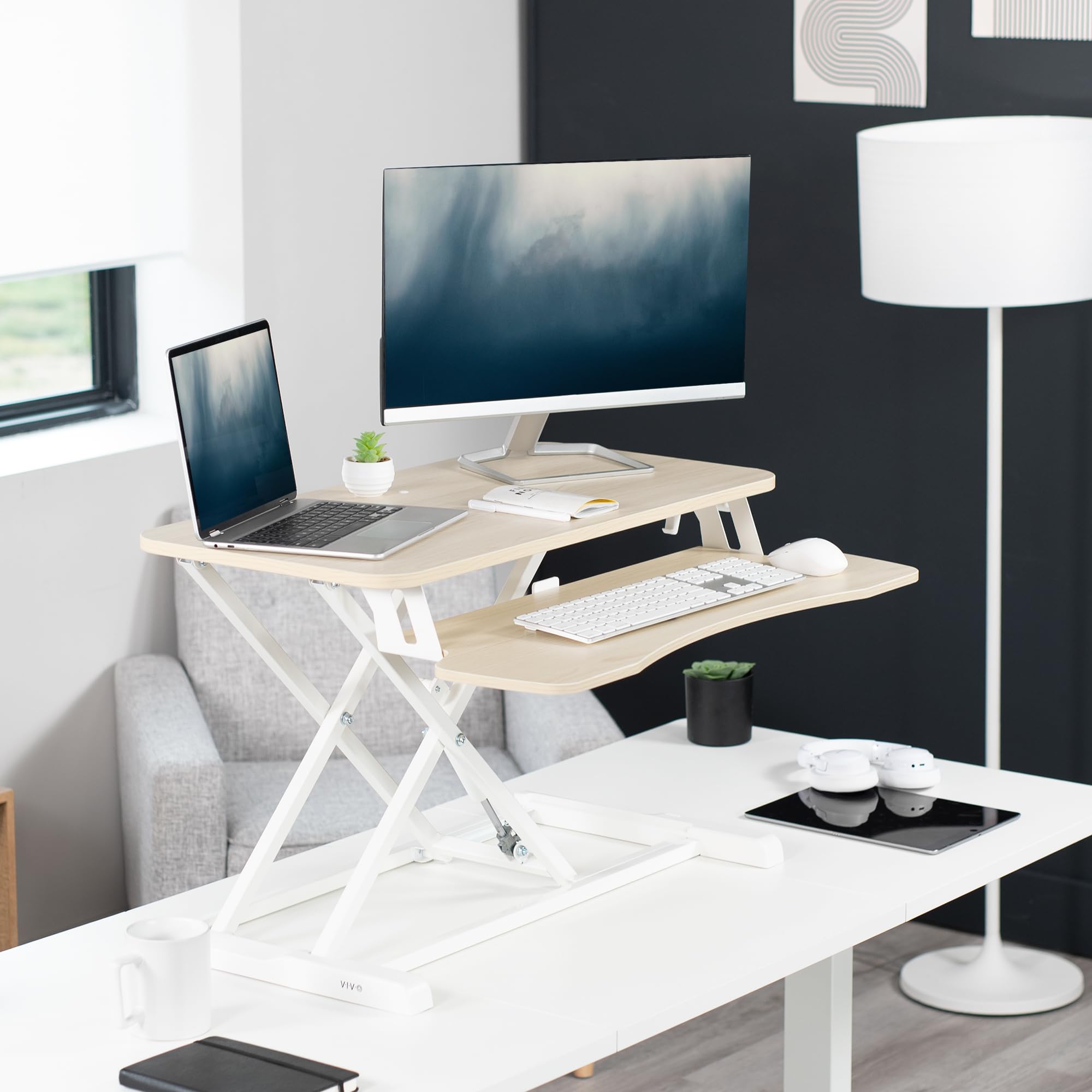 32 inch Desk Converter, K Series, Height Adjustable Sit to Stand Riser, Dual Monitor and Laptop Workstation with Wide Keyboard Tray, Light Wood Top, White Frame, DESK-V000KF