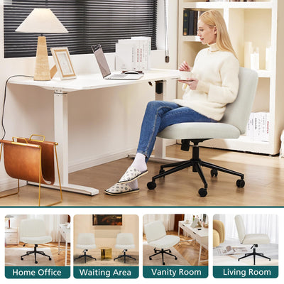 Criss Cross Chair with Wheels Wide Cross Legged Office Desk Vanity Chair Comfy Fabric Armless Adjustable Swivel for Home Computer Task Fabric Beige