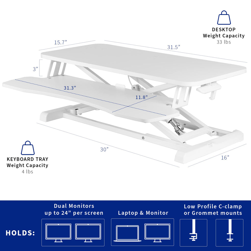 32 inch Desk Converter, K Series, Height Adjustable Sit to Stand Riser, Dual Monitor and Laptop Workstation with Wide Keyboard Tray, White, DESK-V000KW