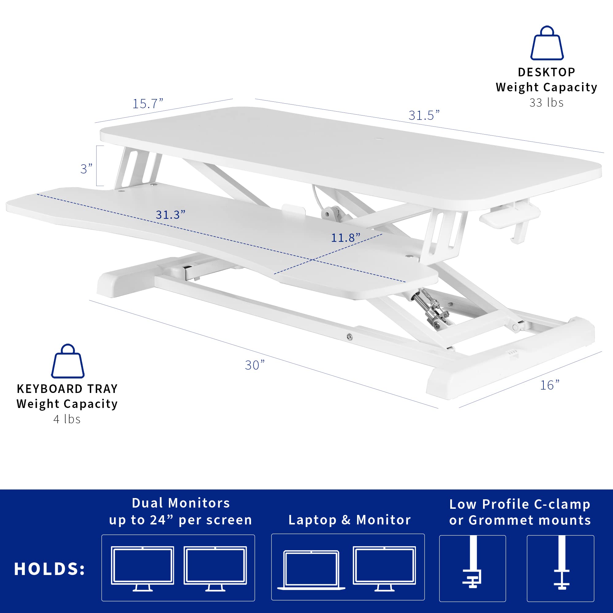 32 inch Desk Converter, K Series, Height Adjustable Sit to Stand Riser, Dual Monitor and Laptop Workstation with Wide Keyboard Tray, White, DESK-V000KW