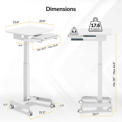 Height Adjustable Rolling Laptop Desk with Keyboard Tray, Mobile Sit-Stand Computer Cart with Wheels, Small Standing Desk for Home, Office, or Classroom, 23.6