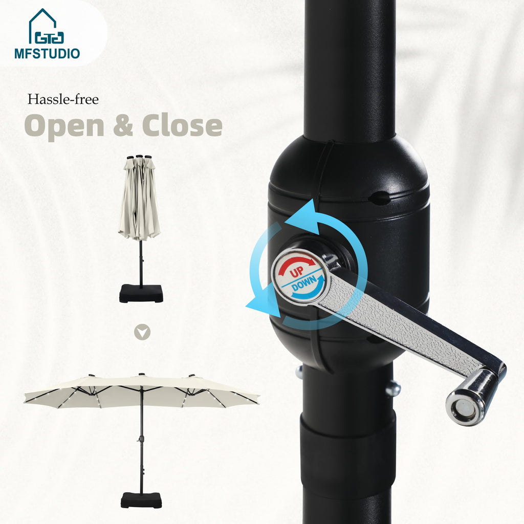 15ft Double Sided Patio Umbrella with Solar Lights, Outdoor Large Umbrellas with Crank Handle and 36 LED Lights, Rectangular Market Umbrella with Base Included for Deck Pool Shade, Ivory