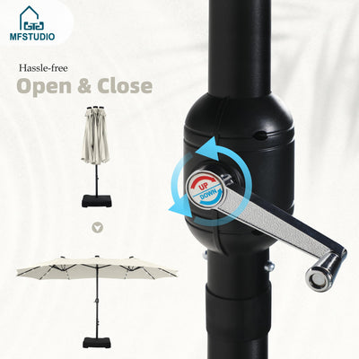 15ft Double Sided Patio Umbrella with Solar Lights, Outdoor Large Umbrellas with Crank Handle and 36 LED Lights, Rectangular Market Umbrella with Base Included for Deck Pool Shade, Ivory