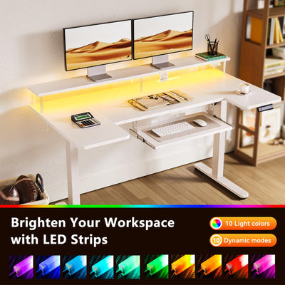 U Shaped Electric Standing Desk with Keyboard Tray, 55 Inch Height Adjustable Desk with Power Outlets & LED Lights, Sit Stand Table with Monitor Stand for Home, Office, White