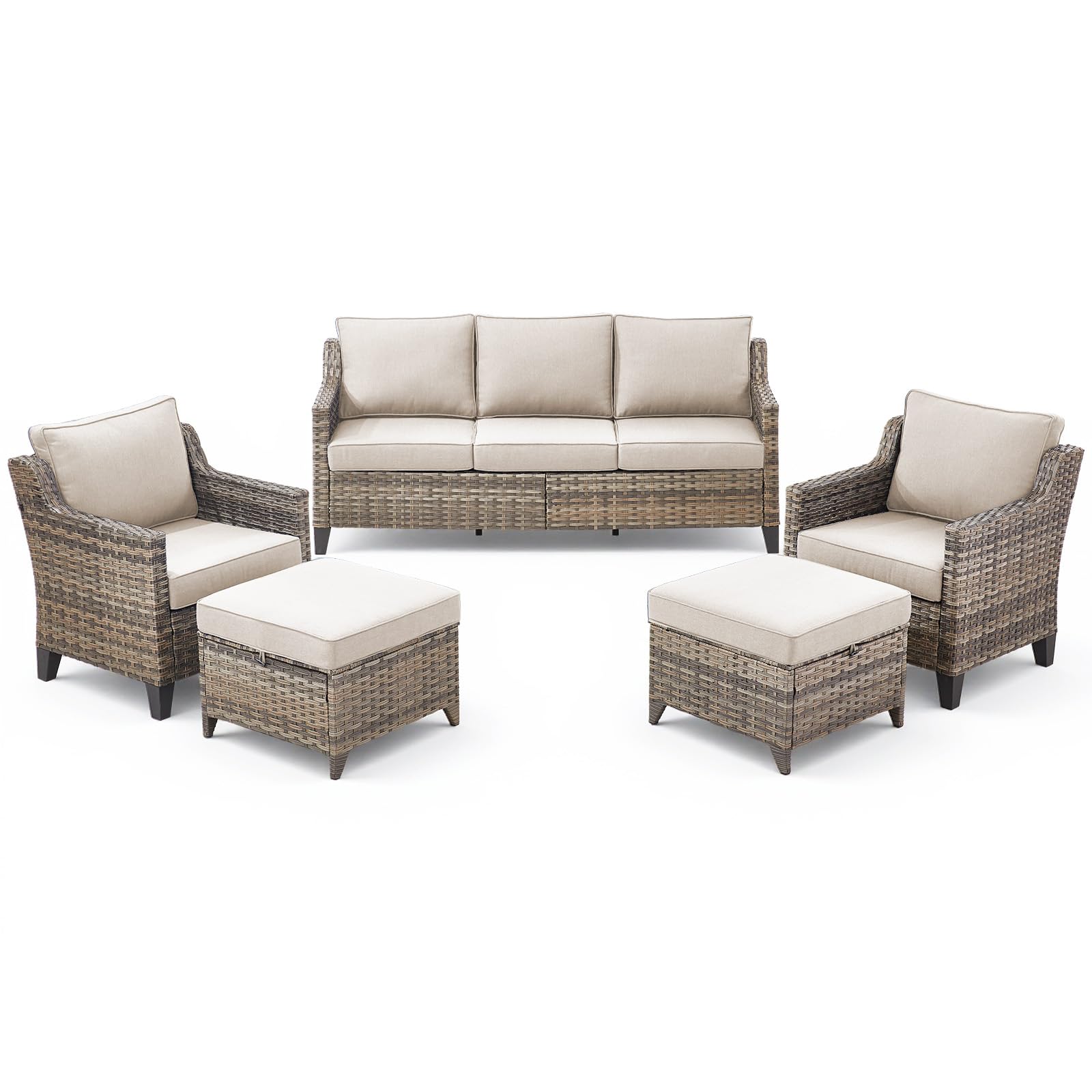 5 Pieces Outdoor Furniture-High Back Outdoor Wicker Couch Patio Chairs Set of 2 with Comfy Cushions Ottomans Patio Furniture Set for Backyard Porch Garden Deck Grey/Beige