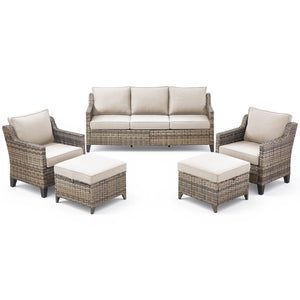 5 Pieces Outdoor Furniture-High Back Outdoor Wicker Couch Patio Chairs Set of 2 with Comfy Cushions Ottomans Patio Furniture Set for Backyard Porch Garden Deck Grey/Beige