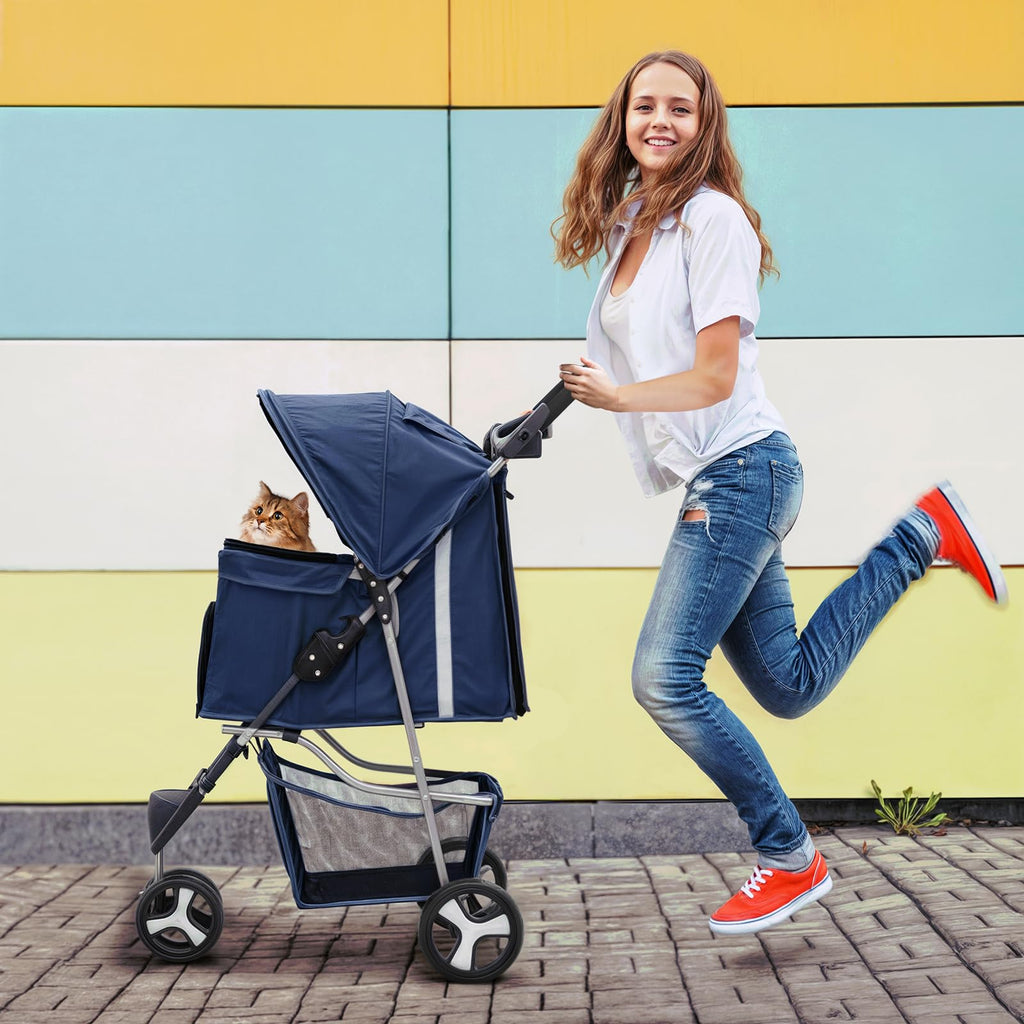 3 Wheels Pet Stroller, Foldable Dog Cat Cage Jogger Stroller with Weather Cover for All-Season, Storage Basket and Cup Holder, Breathable and Visible Mesh for Small/Medium Pets, Blue