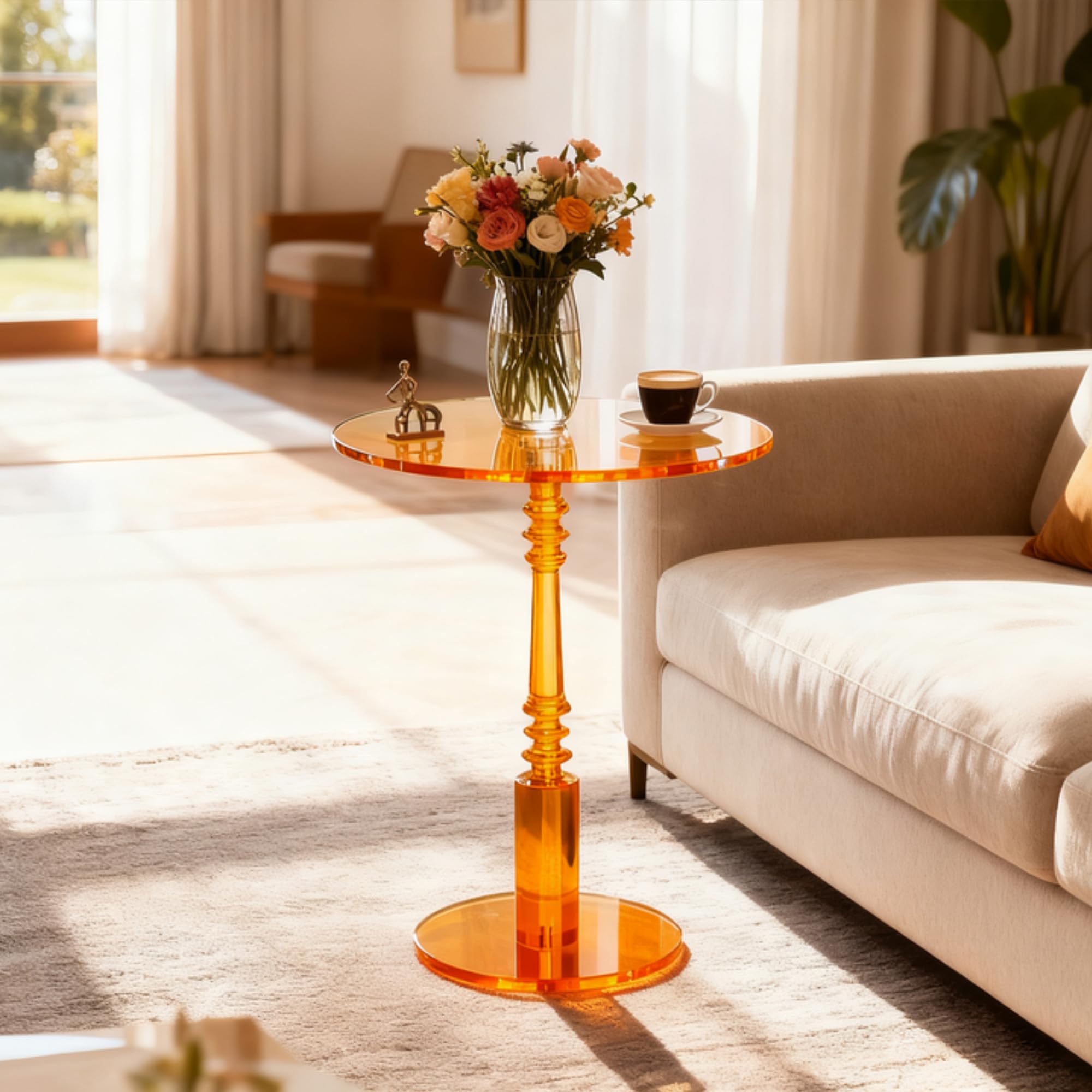 Modern Acrylic Side Table, Round Clear End Table for Living Room,Bedroom Lobby and Office Easy Assembly (Orange, Large)