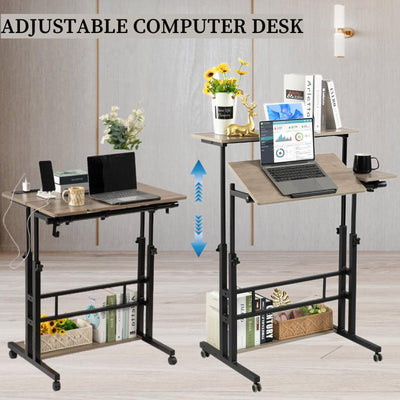 Rolling Stand Up Desk Adjustable Height - Portable Standing Desk with Wheels & Charging Station, Mobile Laptop Desk Small Standing Desk Drawing Table, Grey