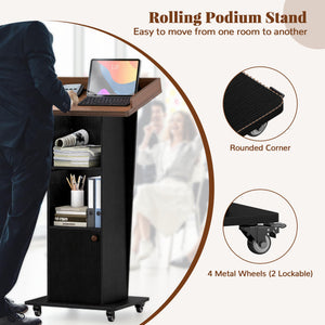 Mobile Podium Stand with Metal Wheels, Wooden Pulpit with 15° Tilted Desktop and Storage Cabinet, Built-in Cable Hole Lectern Desk for Office Classroom Lecture Restaurant Church Presentations