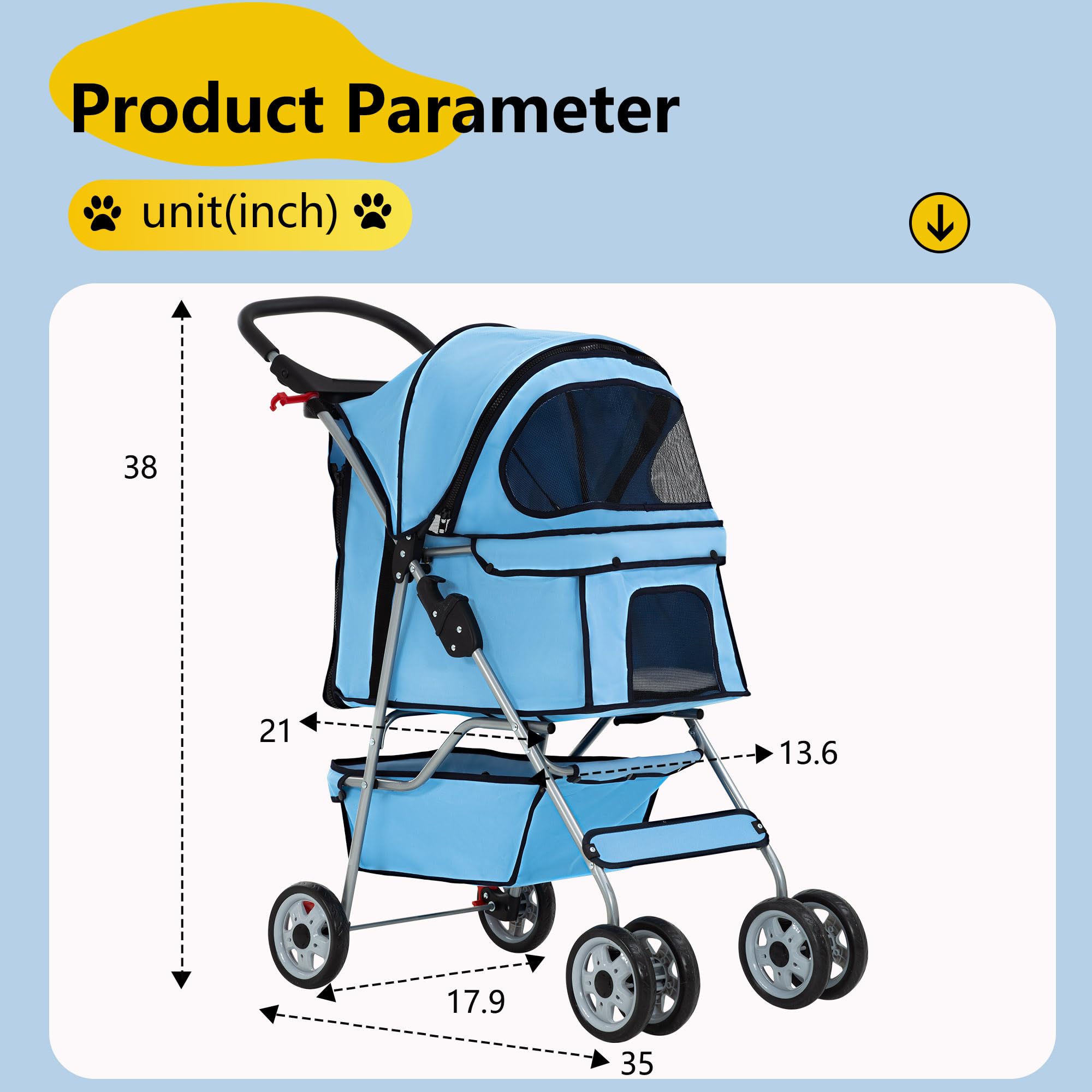 Pet Stroller 4-Wheel Dog Cat Stroller Travel Folding Carrier Puppy Stroller with Cup Holder and Removable Liner for Small Medium Dogs Cats, Blue