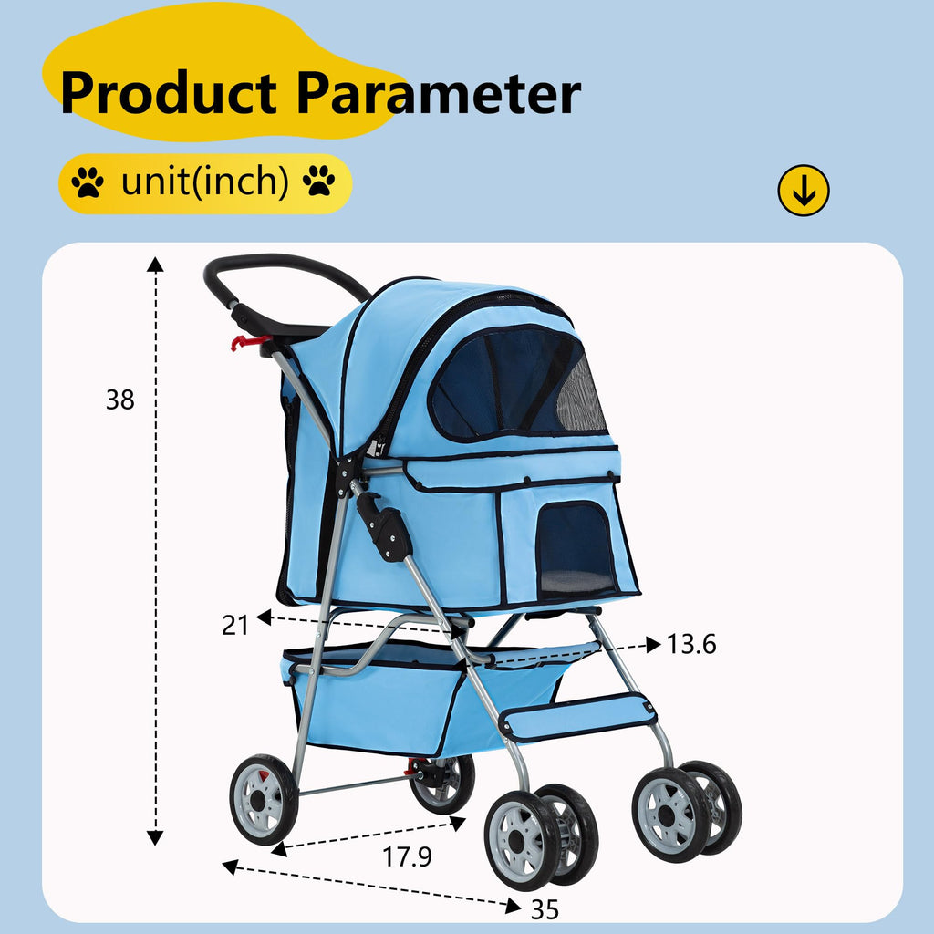 Pet Stroller 4-Wheel Dog Cat Stroller Travel Folding Carrier Puppy Stroller with Cup Holder and Removable Liner for Small Medium Dogs Cats, Blue