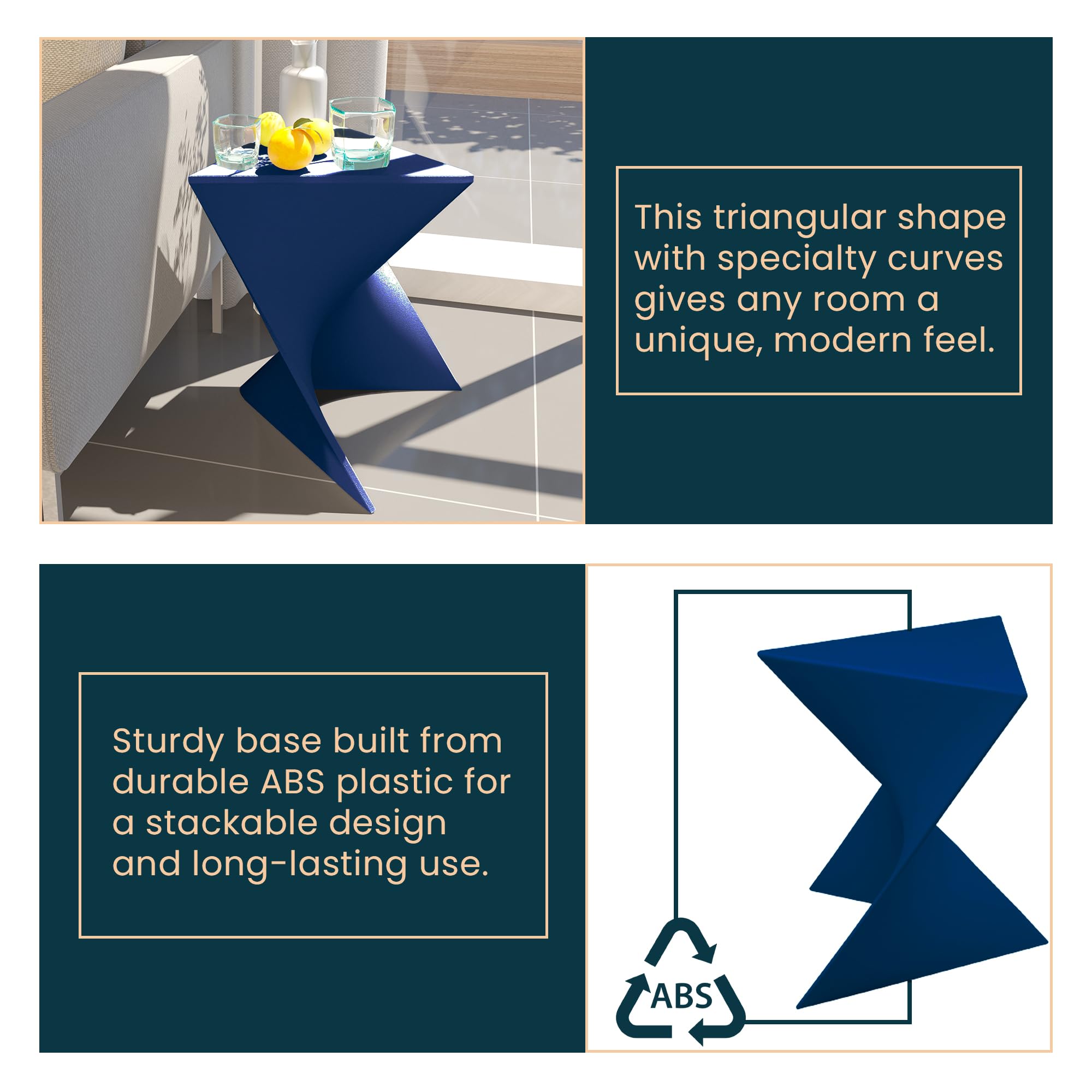 15.75" Triangular Side Table, Stackable Plastic Accent End Table for Indoor & Outdoor Use, Weather-Resistant Modern Patio & Living Room Table, Set of 4, Navy Blue