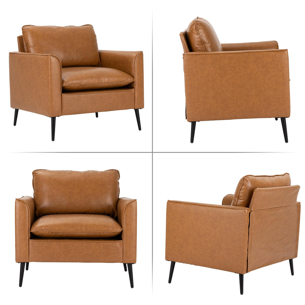 Oversized Upholstered Accent Chair, Modern Brown Leather Single Sofa for Bedroom or Living Room, Mid-Century Comfy Reading Armchair for Lounge or Waiting Area