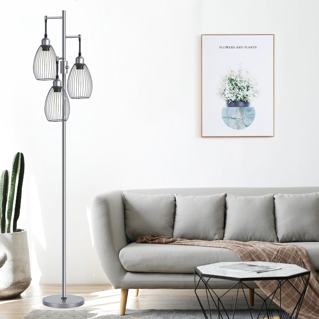 Dimmable Floor Lamp, 3 x 800LM LED Edison Bulbs Included, Industrial Floor Lamp Standing Tree Lamp with Elegant Teardrop Cage Heads Tall Lamps for Living Room Bedroom-Grey