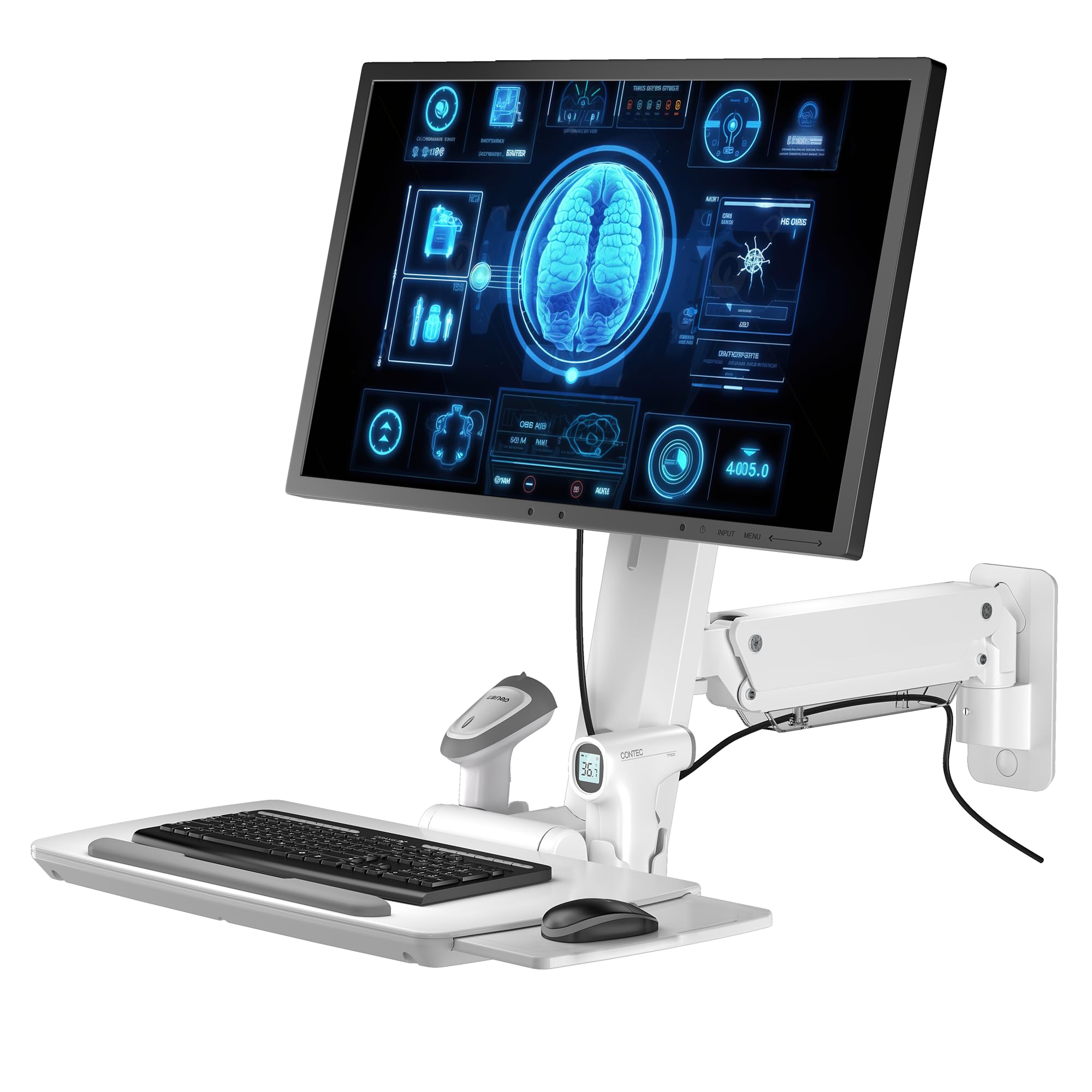 MED02 Medical Wall Mount Workstation with Folding Keyboard Tray | Large Sliding Mouse Pad | Height Adjustment Space Save Folding Design for 17