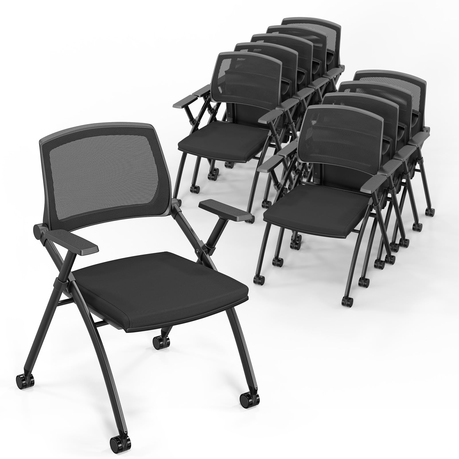 10 Pack Stackable Conference Room Chairs with Wheels, Folding Office Chair with Rebound Back, Padded Seat for Training Room, Guest, Reception, Event, Capacity 350lbs, Black
