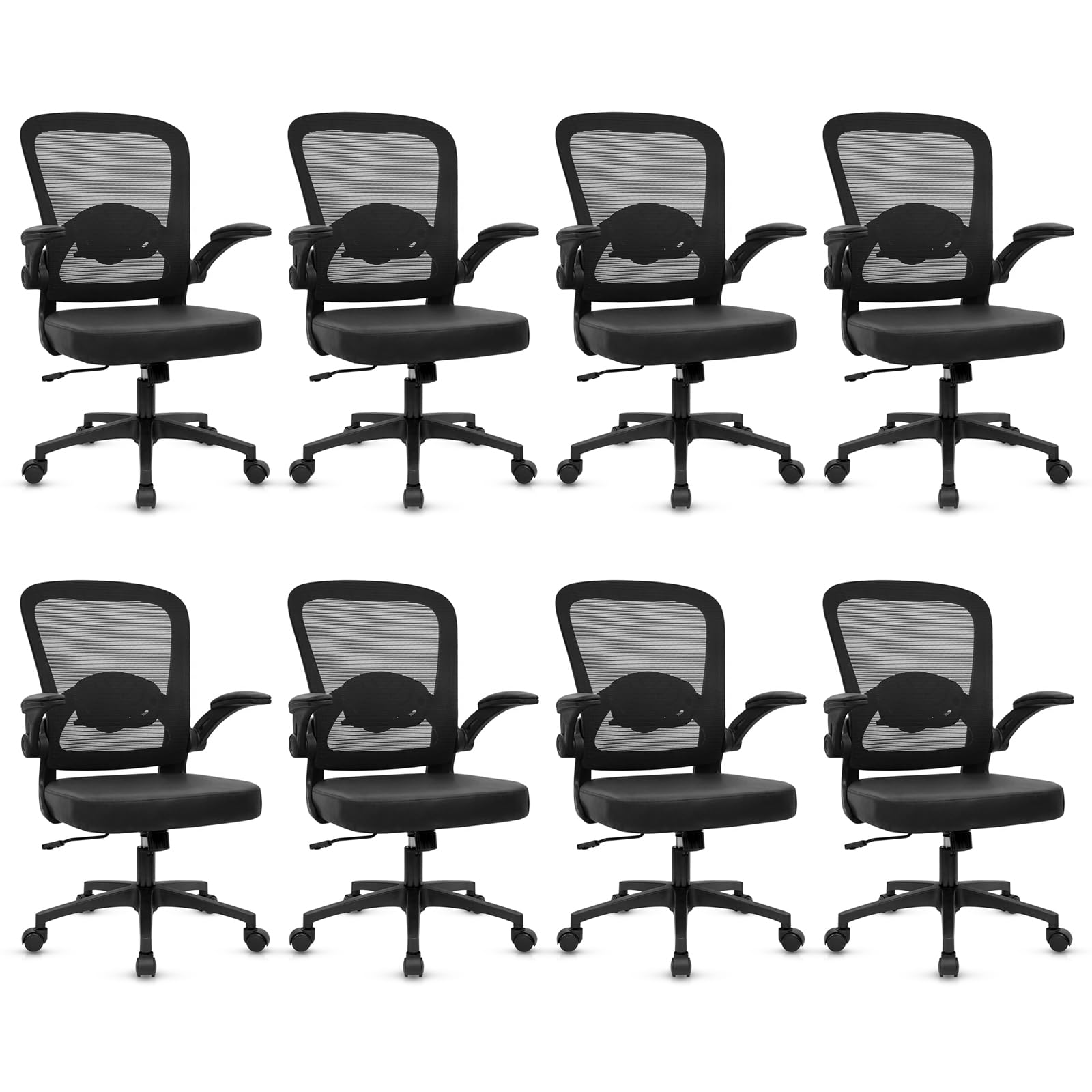 Home Office Desk Chair with Flip Up Armrests, Mesh Back Chair with Adjustable Height Lumbar Support and Leather Seat, Ergonomic Computer Task Chair for School, Conference, Black(8PK)