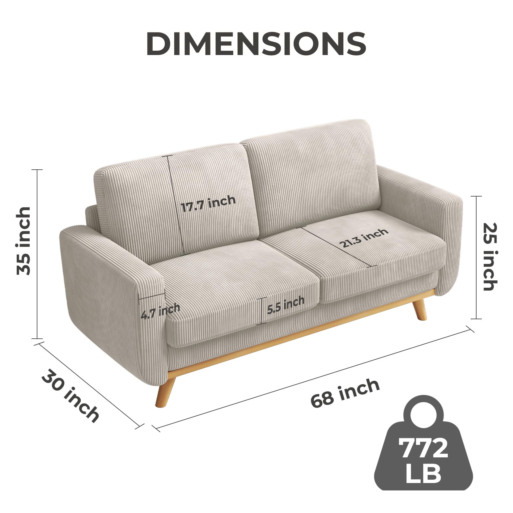 68" Loveseat Sofa Light Grey, Comfy Corduroy Couch with Spring Cushion and Solid Wood, Modern Deep Seat for Bedroom, Living Room, Office
