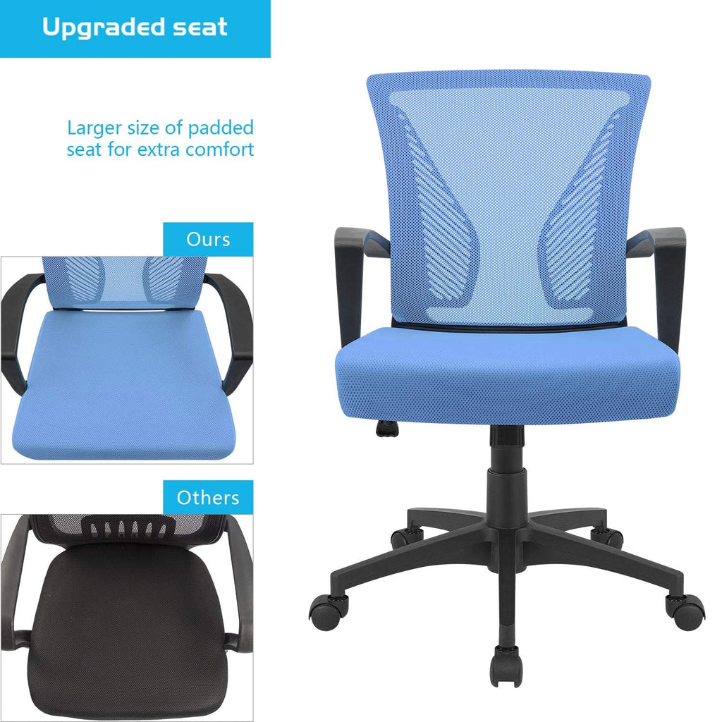Office Chair Ergonomic Computer Desk Mesh Chair Mid Back Swivel Lumbar Support with Armrest (2, Blue)