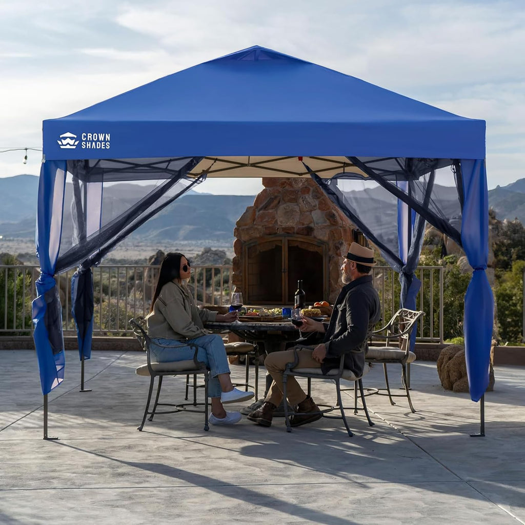 10x10 Pop Up Gazebo Canopy with Mosquito Netting, Instant Screen Tent with Wheeled Carry Bag & Sandbags,Easy Set Up Outdoor Canopy for Patio,Backyard,Camping & Events,Blue