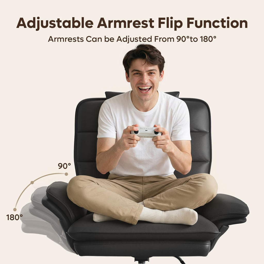 Cross Legged Office Chair Criss Cross Chair with Adjustable Arms 135° Reclining PU Leather Executive Chair with Wheels Big and Tall Computer Desk Chair for Home Office Black