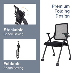 Updated Conference Room Chairs, Folding Office Desk Chair with Lumbar Support and Sliding Armrest with Casters, Stackable Office Guest Chairs & Reception Chairs, 1 Pack Black