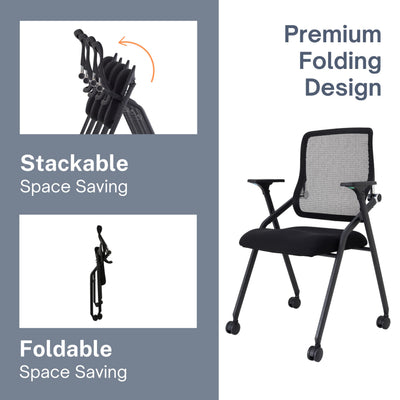 20 Pack Black, Updated Conference Room Chairs, Folding Office Desk Chair with Lumbar Support and Sliding Armrest with Casters, Stackable Office Guest Chairs & Reception Chairs