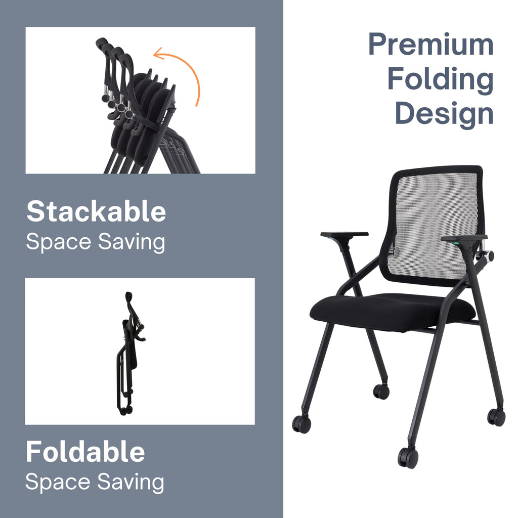 8 Pack Black, Updated Conference Room Chairs, Folding Office Desk Chair with Lumbar Support and Sliding Armrest with Casters, Stackable Office Guest Chairs & Reception Chairs