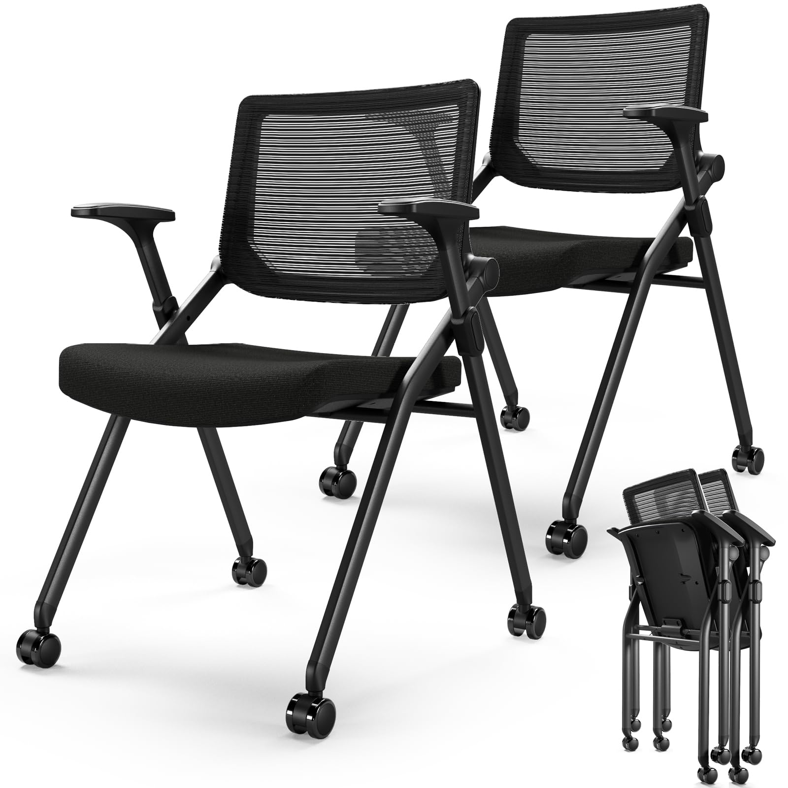 Foldable Office Chair Set of 2 with PU Wheels Ergonomic Mesh Bouncing Back, Stackable Conference Room Chair, Office Guest & Reception & Meeting Chair (Black)