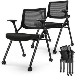 Foldable Office Chair Set of 2 with PU Wheels Ergonomic Mesh Bouncing Back, Stackable Conference Room Chair, Office Guest & Reception & Meeting Chair (Black)