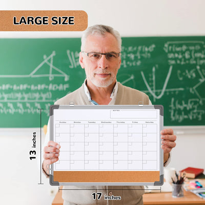 Monthly Calendar Whiteboard for Wall, 17x13 Inches Dry Erase Board with Cork Board Combo, Small Magnetic White Board, Double-Sided Hanging Portable Board for Office School Home Kitchen Planner Memo