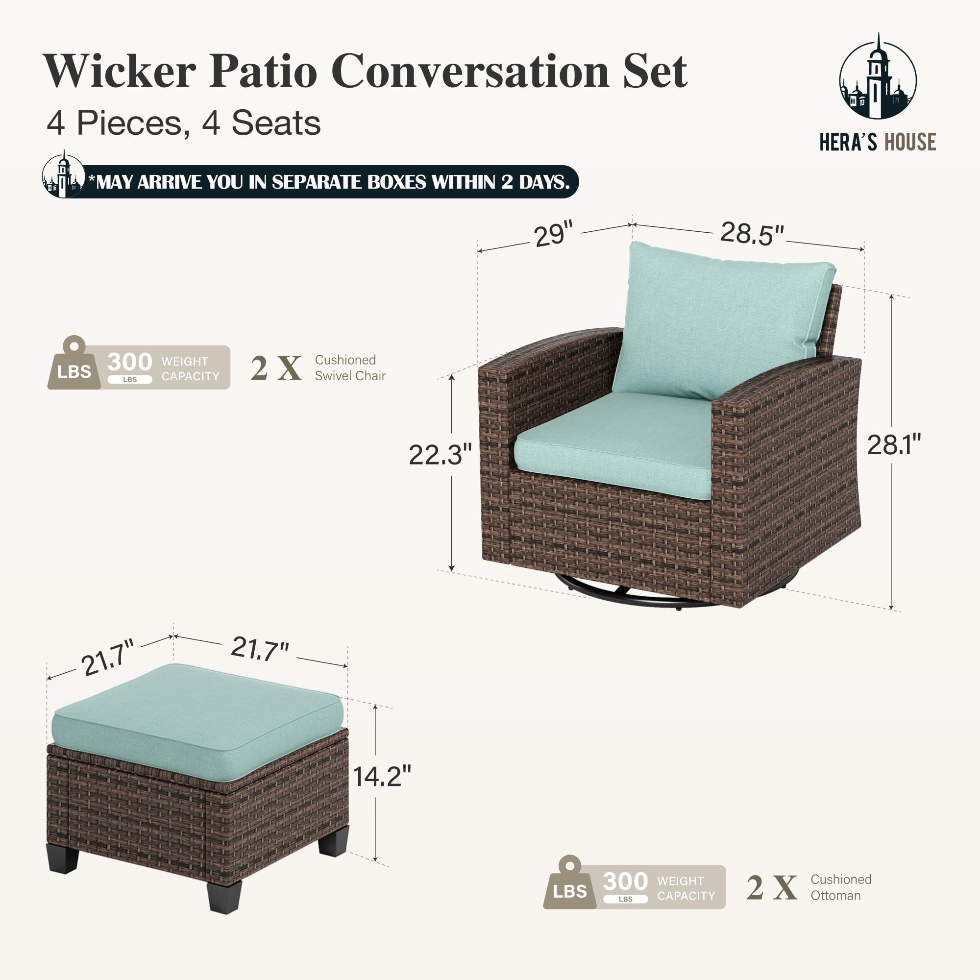 Patio Wicker Chairs Outdoor Swivel Rocker Chairs Set with Ottomans, 4 Piece Patio Seating Furniture Conversation Sets for Lawn Deck Porch Pool, Brown/Blue