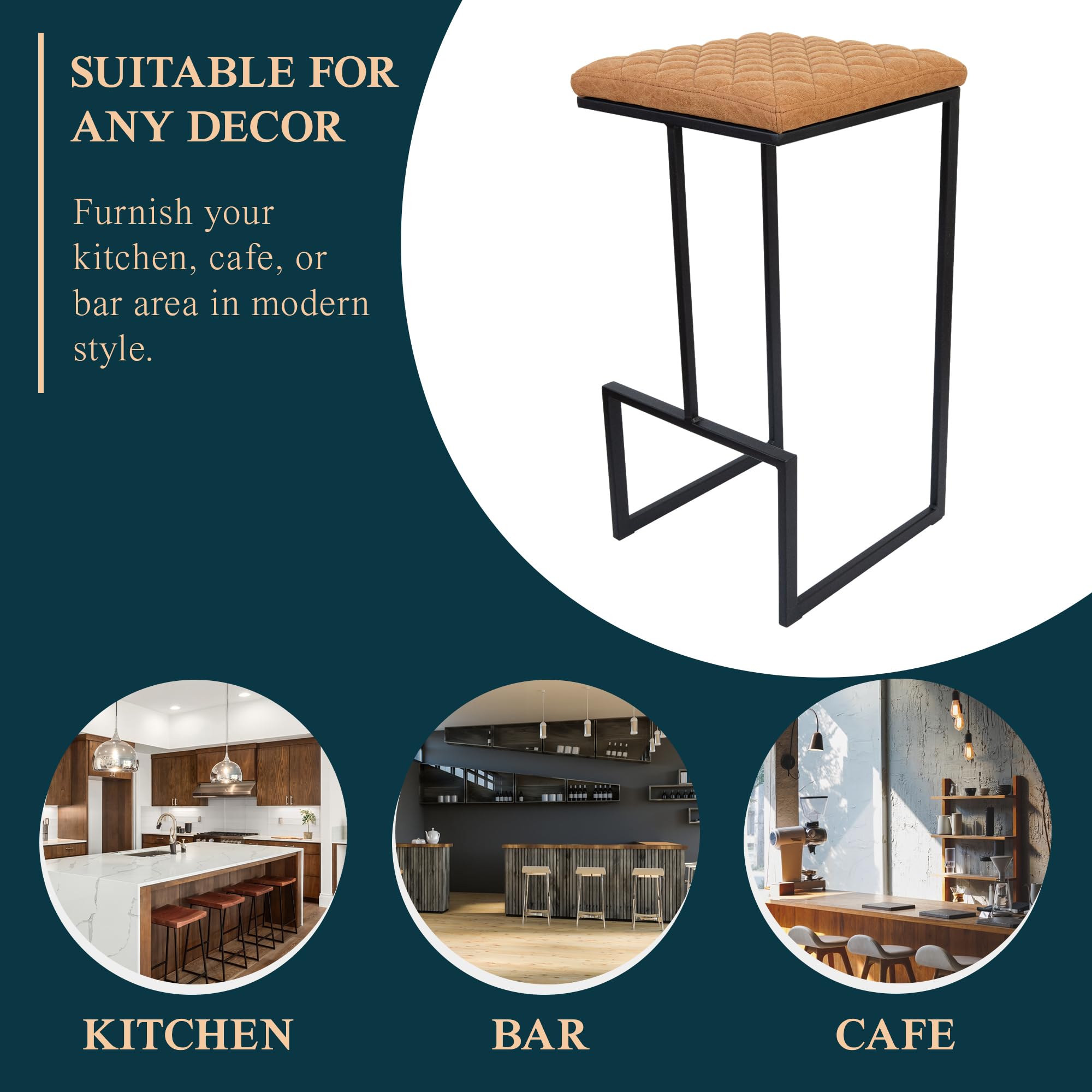 Counter Height Bar Stools, Modern Industrial Backless Counter Stools for Kitchen Island, Dining Counter & Home Bar, Faux Leather Upholstered Seats with Metal Frame, Set of 2, Brown