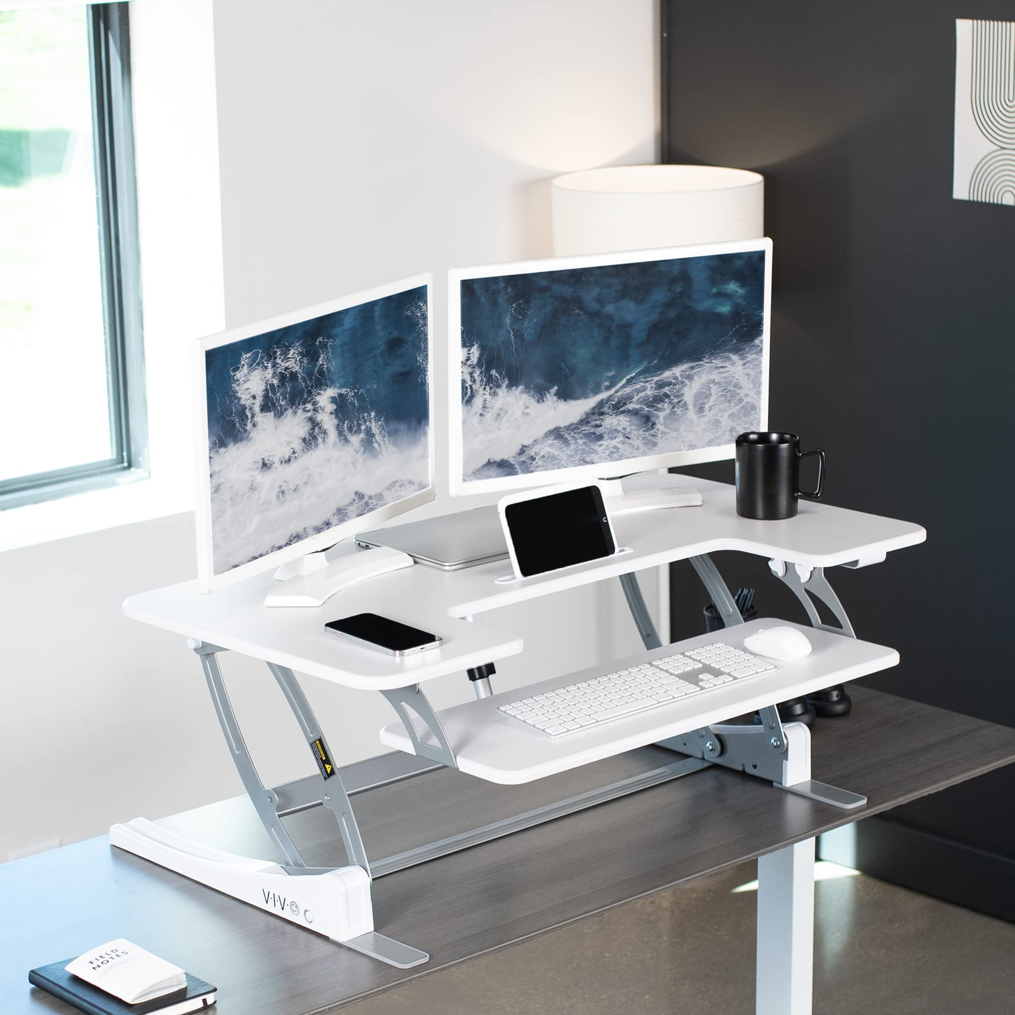 42 inch Height Adjustable Stand Up Desk Converter, V Series, Quick Sit to Stand Tabletop Dual Monitor Riser Workstation, White, DESK-V000VLW