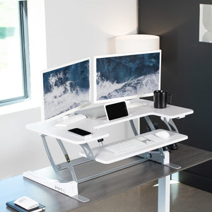 42 inch Height Adjustable Stand Up Desk Converter, V Series, Quick Sit to Stand Tabletop Dual Monitor Riser Workstation, White, DESK-V000VLW