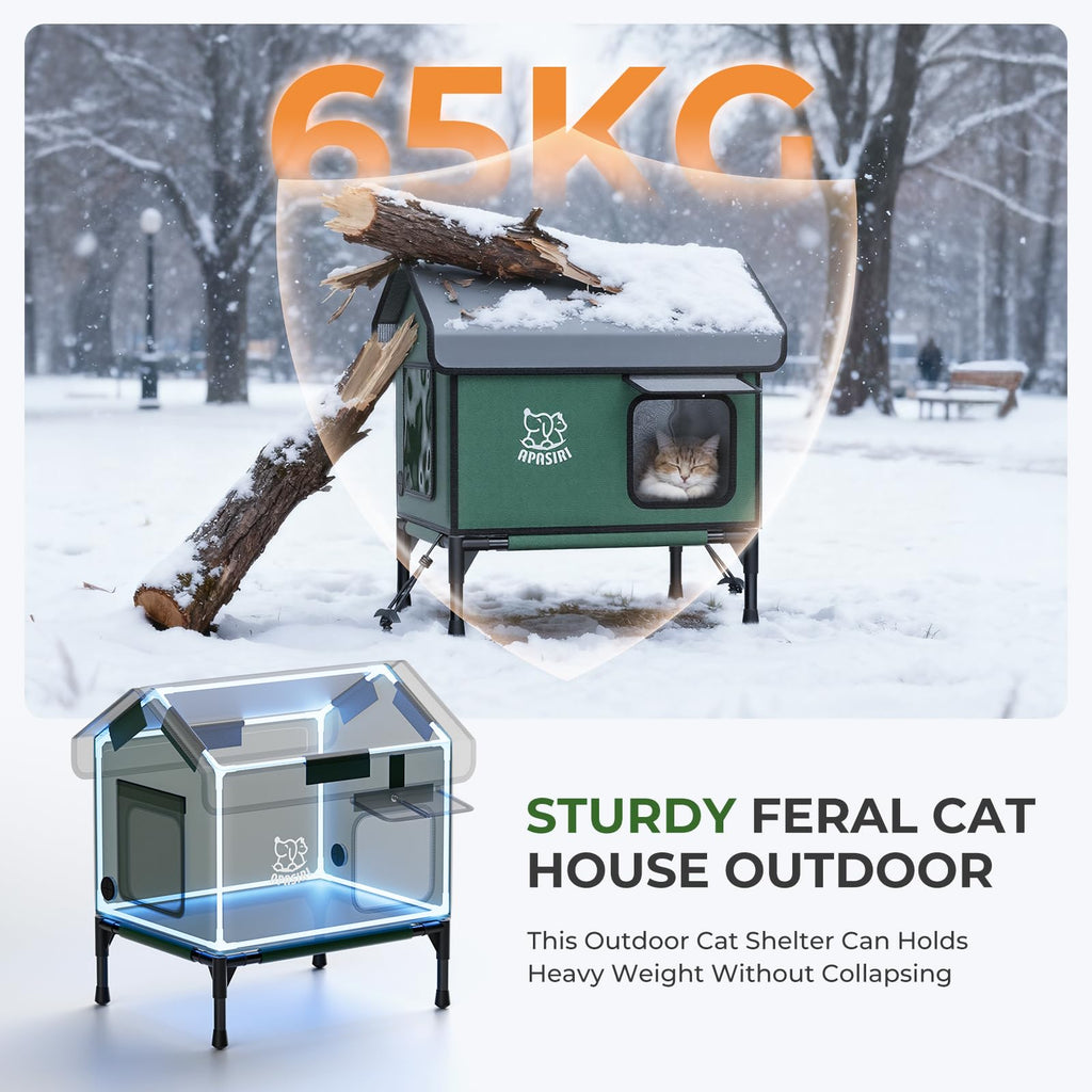 Heated Outdoor Cat House Weatherproof - Insulated Cat Shelter with Thermostatic Heating Pad, Water Resistant 900D Oxford Feral Cat House with Anti-Peep Curtains Escape Door for Winter, Small