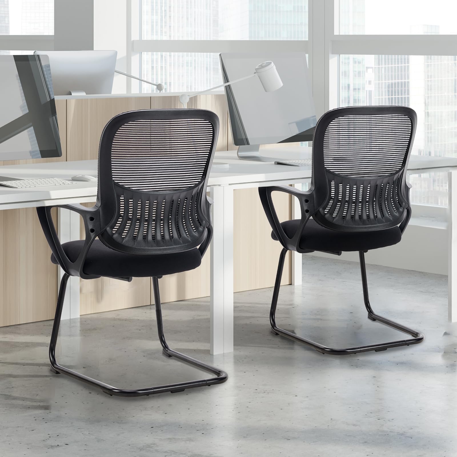 Reception Chair No Wheels, Stationary Non Rolling Mesh Mid Back Computer Guest Side with Lumbar Support for Waiting Area Reception Conference Room, Set of 2, Modern Black