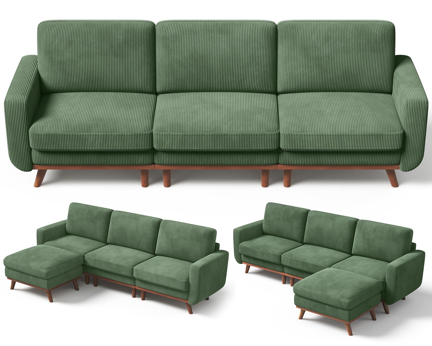 97" L-Shape Modular Sofa, 3-Seat Corduroy Couch with Movable Ottoman, Sectional Sofa for Living Room, Green