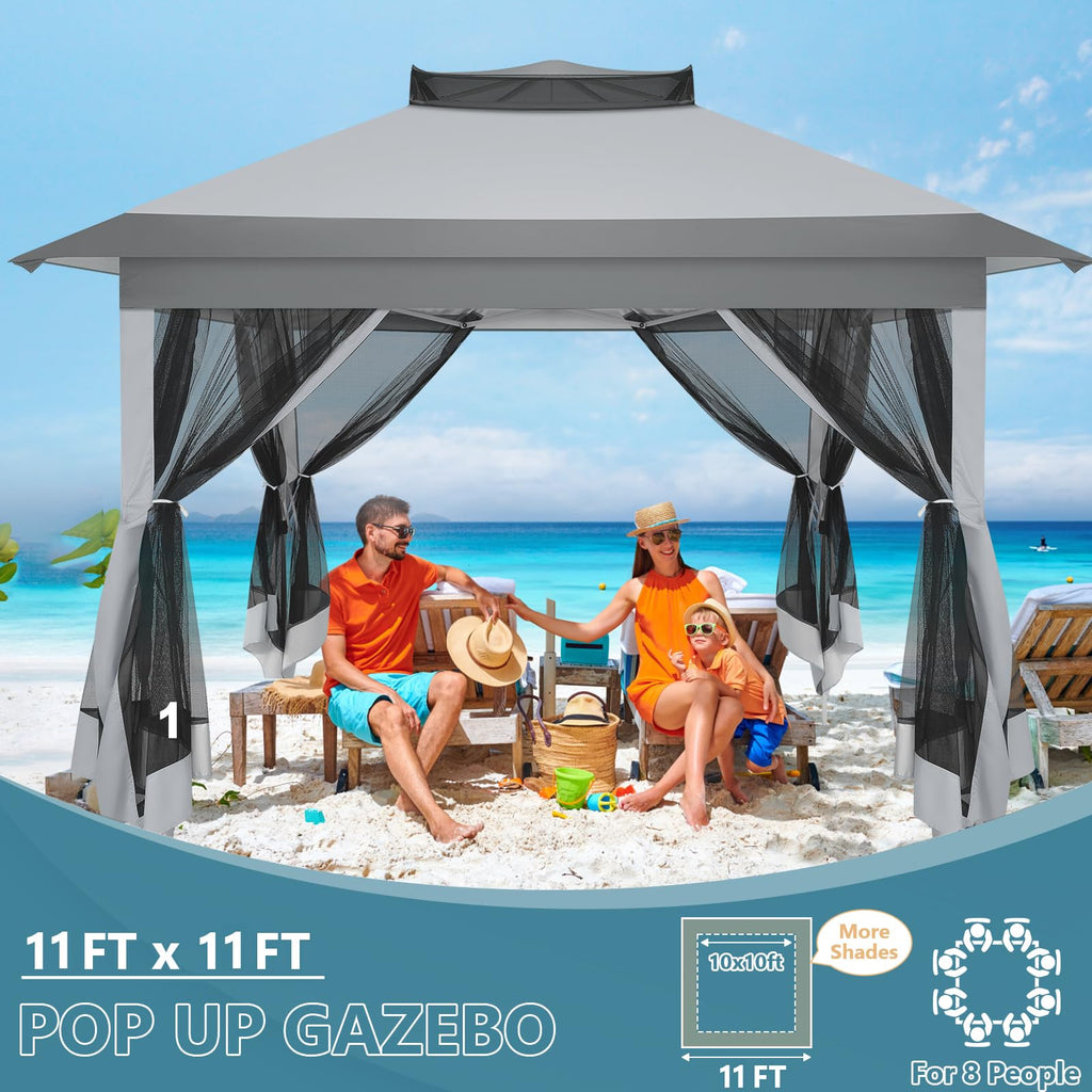 11x11 Pop Up Gazebo Canopy Tent Easy Up Outdoor Gazebo Waterproof Upgrade Portable Gazebo with Mosquito Nettings, Double Vented Roof and Carry Bag for Patio Garden Lawn(Gray)