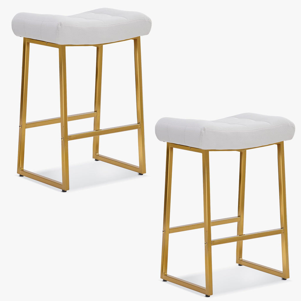 White & Gold Counter Height Bar Stools Set of 2 for Kitchen Counter Backless Kitchen Island Barstools with Upholstered Faux Leather Seat and Gold Base Modern 24 inch Bar Chairs No Back