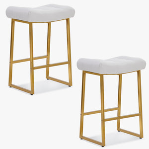 White & Gold Counter Height Bar Stools Set of 2 for Kitchen Counter Backless Kitchen Island Barstools with Upholstered Faux Leather Seat and Gold Base Modern 24 inch Bar Chairs No Back