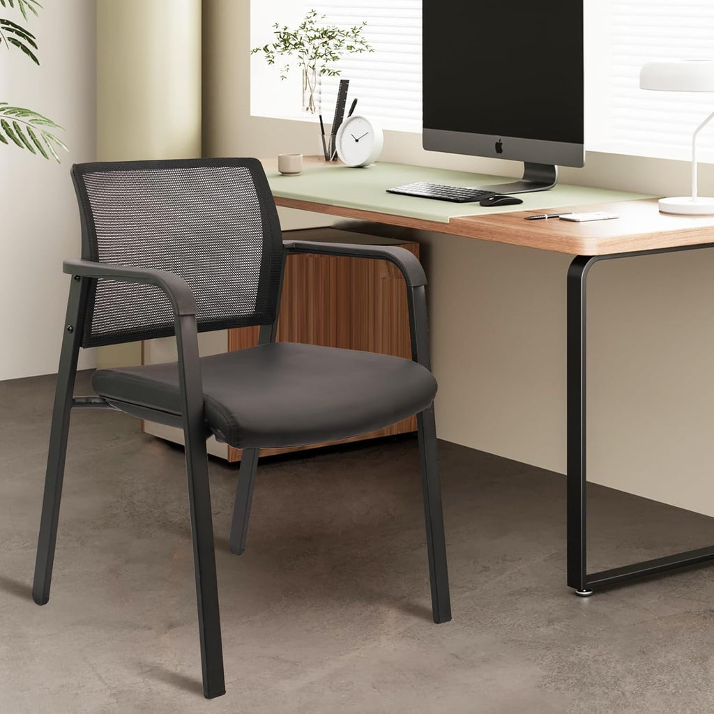Black, Set of 8, Stackable Office Chair, Mesh Back Guest Chairs with Comfortable Leather Seat Arms Stacking Ergonomic Desk Chair No Wheels for Conference Waiting Reception School Stationary,