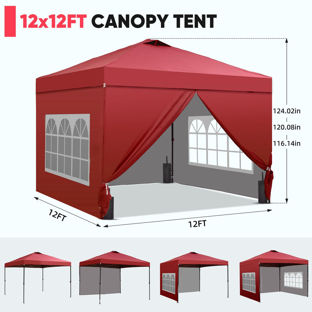 12x12 Pop Up Canopy Tent with 4 Sidewalls, Easy Set up with One Push Lift Gazebo with Wheel Bag and4 Sandbags,Carpas for Events, Parties,Camping, Red.