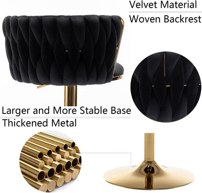 Gold Velvet Bar Stools Set of 3, Swivel Counter Height Bar Stools with Back, Adjustable Woven Barstools for Kitchen Island, Pub, Club (Black)