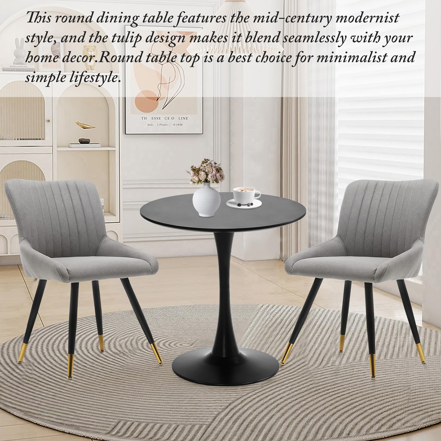 Black Round Dining Table, 27.6" Tulip Table Kitchen Round Dining Table for 1-2 People with MDF Table Top and Metal Pedestal Base, Mid-Century Leisure Table for Home, Dining Room, Cafe