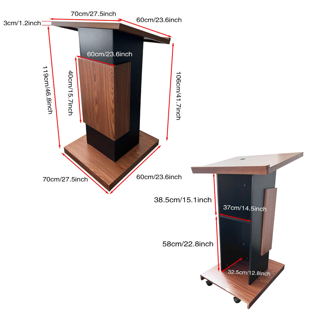 Wood Podium with Wheels,Wooden Lectern Stand,15MM Particle Board,Elegant Design with Storage,Mic Stand Space, Wooden Pulpit for Restaurants,Churches,Seminars and Schools