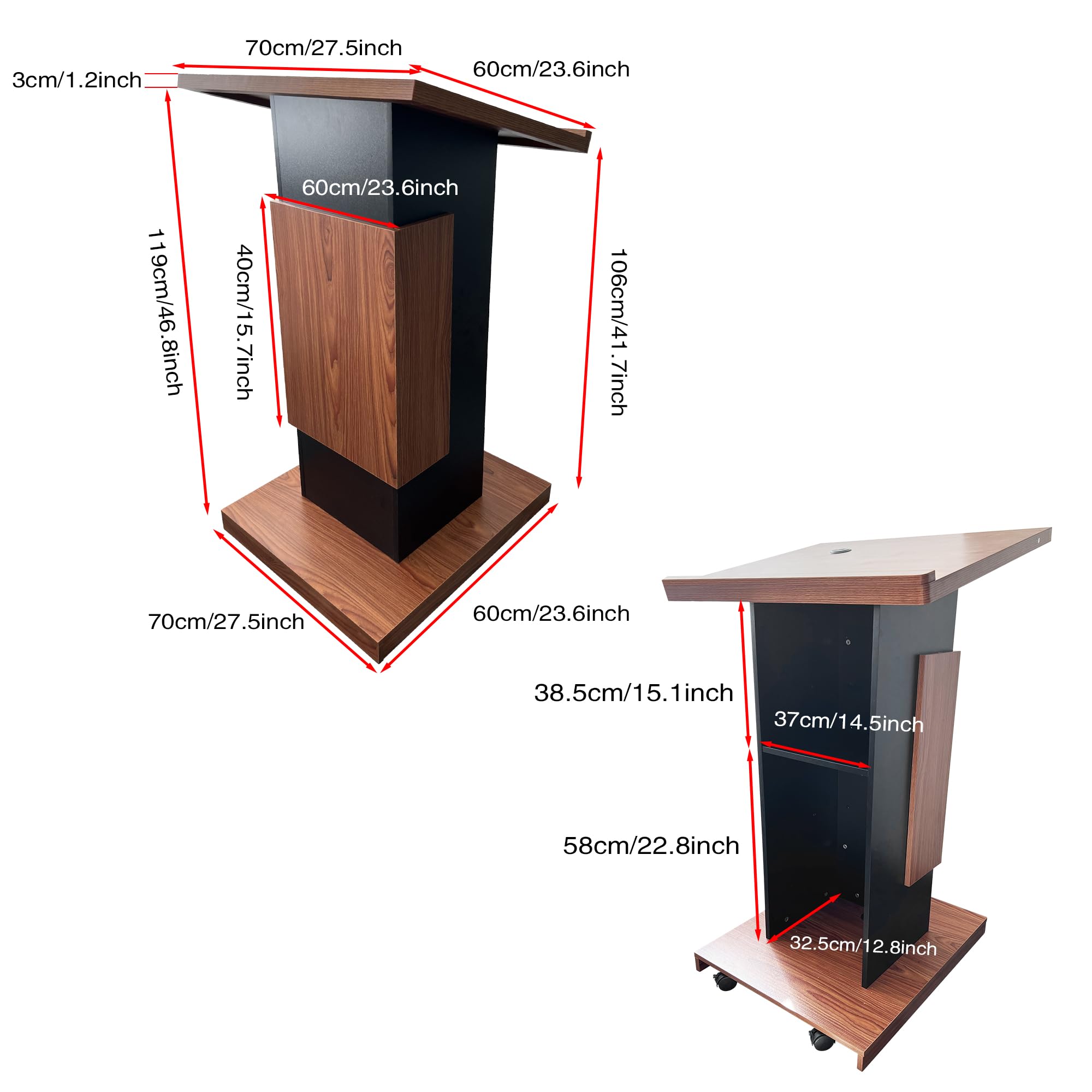 Wood Podium with Wheels,Wooden Lectern Stand,15MM Particle Board,Elegant Design with Storage,Mic Stand Space, Wooden Pulpit for Restaurants,Churches,Seminars and Schools
