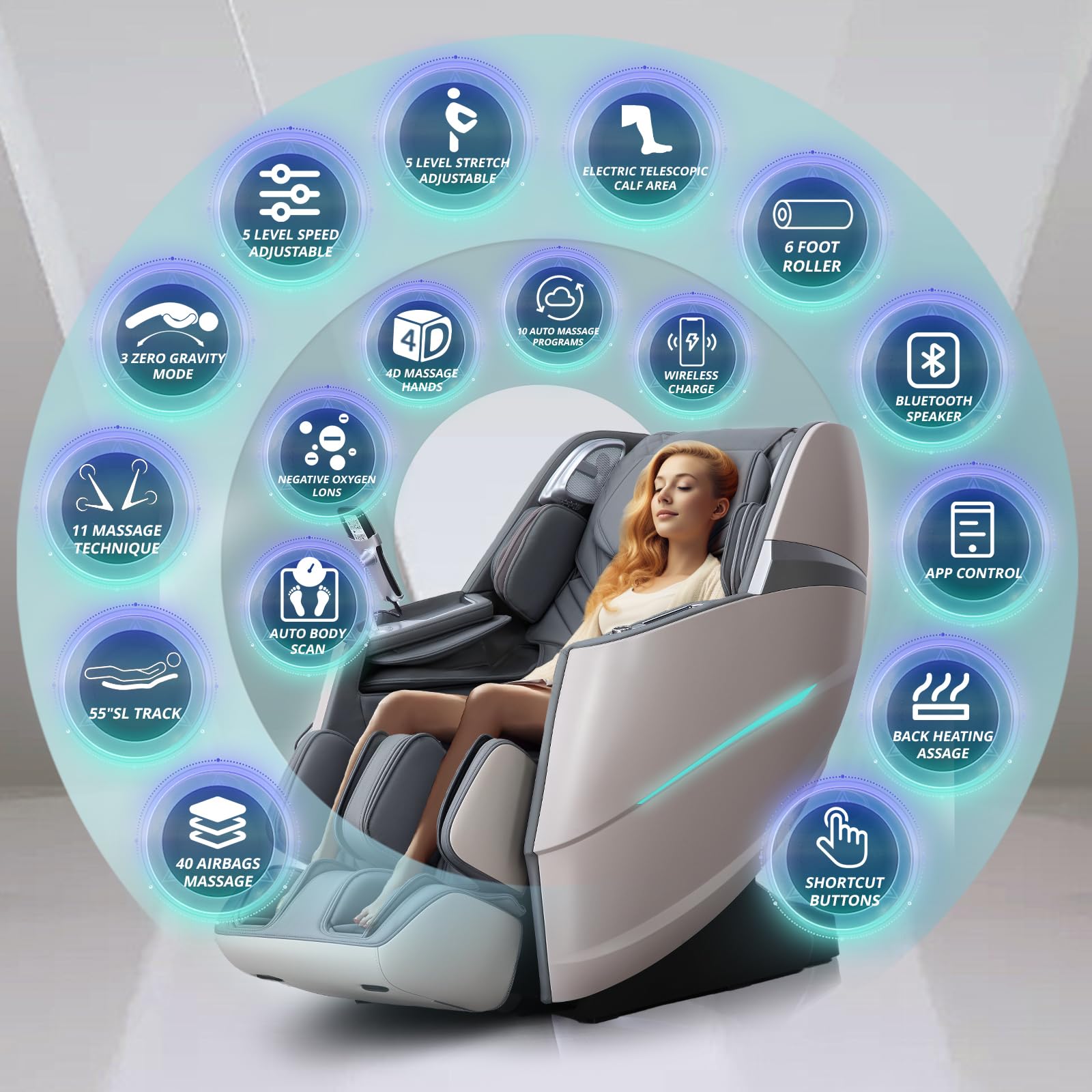 4D Massage Chair Full Body Zero Gravity Recliner - 55“ SL-Track,20 Auto Modes,11 Massage Technique,40 Airbags Massage,with Yoga Stretch,APP Control,Negative Oxygen lons（Grey）